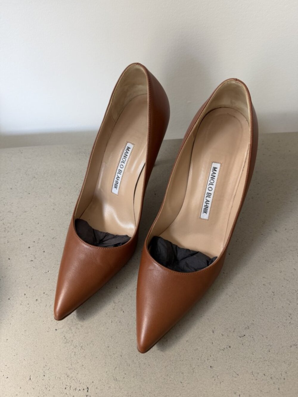 Manolo Blahnik BB 90 Pumps — Camel Brown Leather Pointed Toe, EU 37.5 / US 7.5